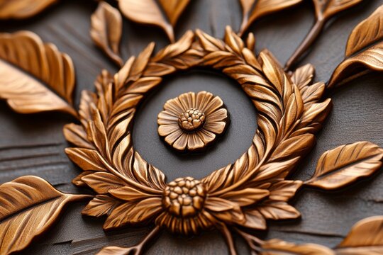 Close-up of a gold badge with intricate detailing and embossed text, symbolizing achievement and honor, capturing the formal tone of a classic award badge