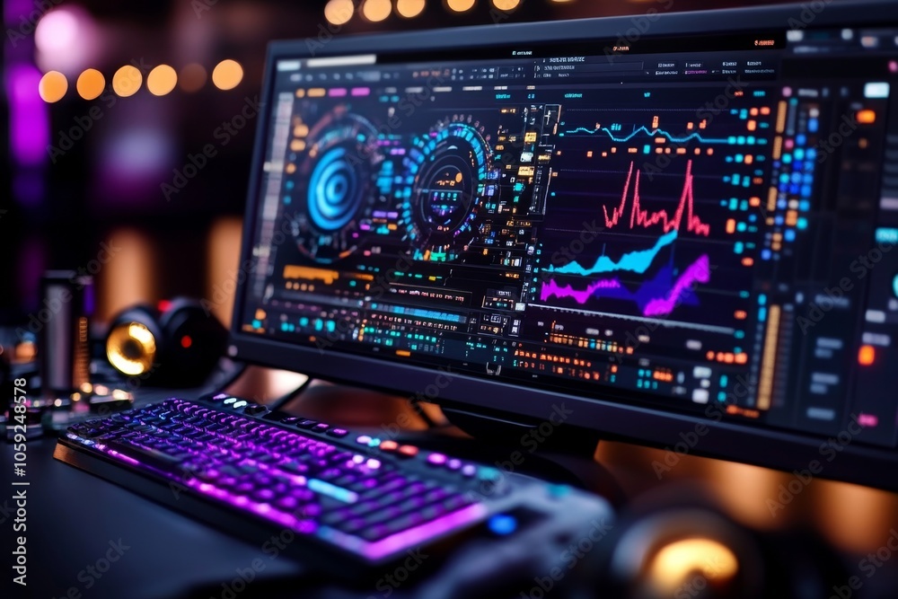 Poster Close-up of analytical tools on a screen with layered charts and color-coded statistics, capturing the intensity of data mining for insights, symbolizing precision and understanding