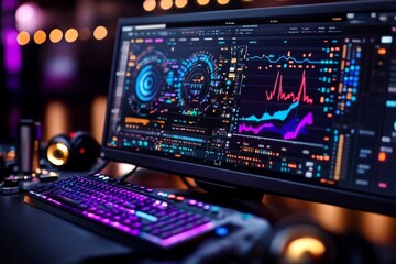 Fototapeta premium Close-up of analytical tools on a screen with layered charts and color-coded statistics, capturing the intensity of data mining for insights, symbolizing precision and understanding
