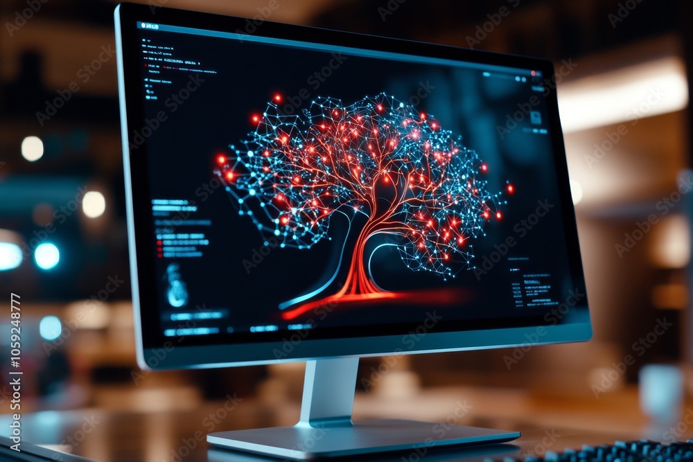 Poster Computer screen displaying a data tree with branches connecting nodes, capturing the depth and structure of data mining in a visual format, symbolizing connectivity and focus