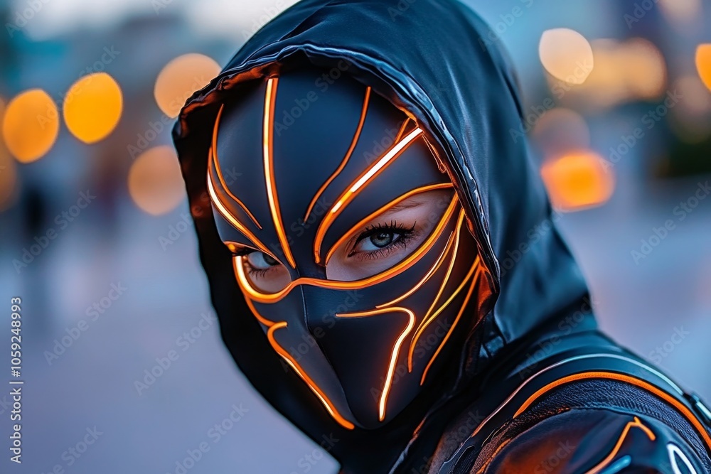 Poster cyberpunk assassin in neon-lit shadows, with futuristic mask and glowing weapons, capturing the inte