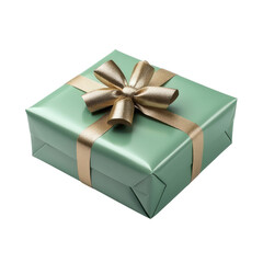Fototapeta premium A green box with gold ribbon and a bow on top on Transparent background