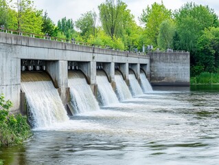 Dam with Waterfall on the River. Hydroelectric dam during Spring runoff, full water. Water rushing out of opened gates of hydro electric power dam. Concrete foothill and wall. Renewable energy systems