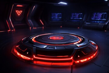 Obraz premium Cyberpunk-style data warehouse with neon-lit layers and holographic screens, capturing the advanced, organized structure of futuristic data storage, symbolizing energy and order