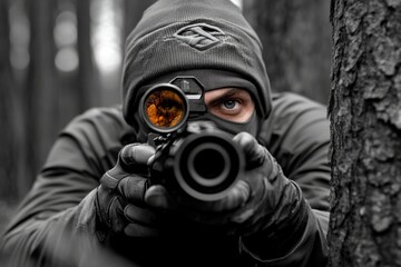 Obraz premium Dark figure in a misty forest, crouching and listening intently, with intense expression capturing the stealth and awareness of an assassin on a mission, symbolizing concentration and readiness