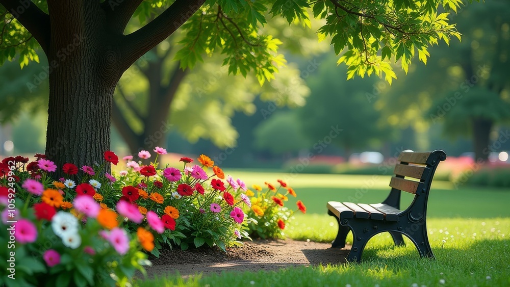 Poster a park with a bench under a tree and flowers in the background