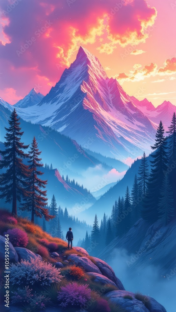 Poster A mountain range with a large peak in the background