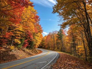 Fototapeta premium Autumn Leaf Paved Road - Scenic Drive POV in National Park for Nature Lovers