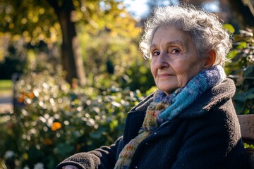 An elderly woman with a walking stick, sitting on a bench in a sunny park, surrounded by greenery and a blue sky 2