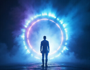silhouette of a man standing in front of a circular glowing blue light, a portal to another dimension