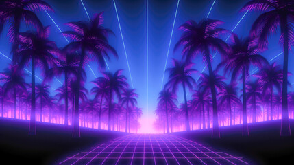 Fototapeta premium A neon landscape with palm trees set beneath a vibrant sky, combining futuristic elements and tropical vibes.