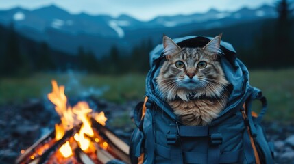 Obraz premium A adventurous cat is outfitted in a backpack, sitting near a campfire in a scenic mountainous landscape at dusk.