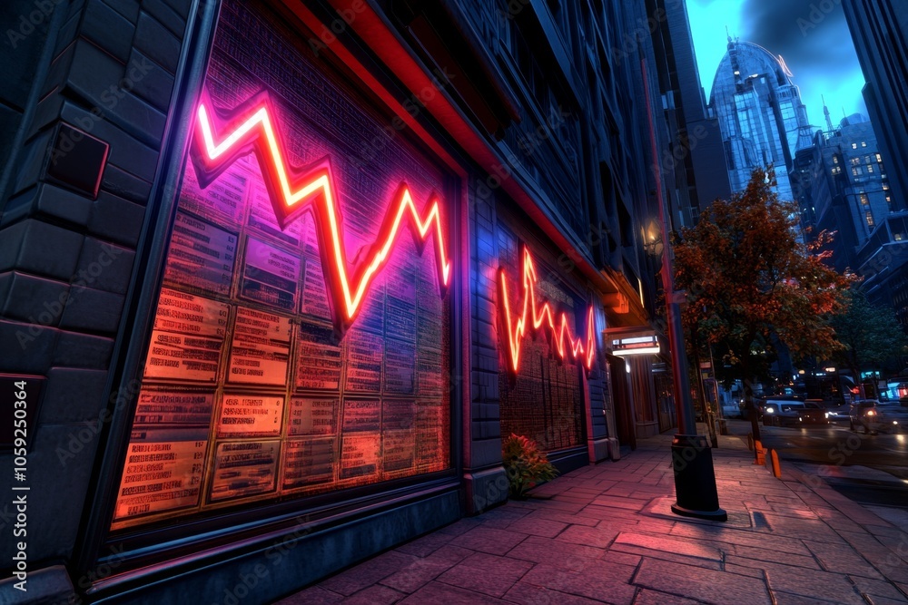 Poster digital hologram showing a cyberpunk storefront with financial loss statistics, symbolizing the star