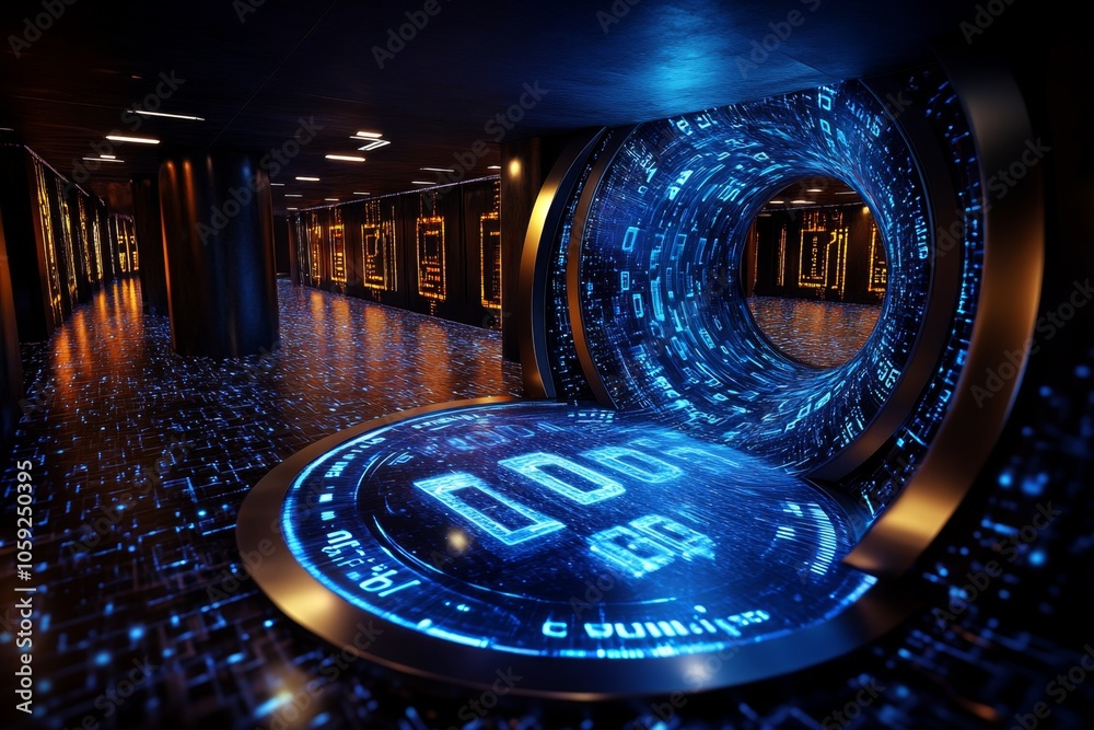 Poster Digital hologram of declining revenue numbers in a futuristic office, symbolizing the reality and clarity of business failure in a tech-driven world, symbolizing adaptability and learning