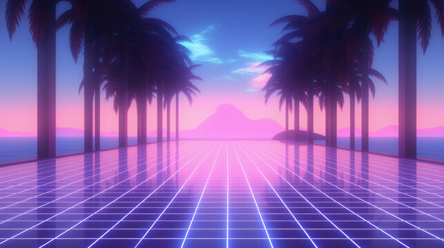 Neon palm trees over a reflective grid surface unify vibrant colors with a 1980s retro aesthetic and futuristic feel.