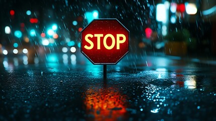 Glowing Stop Sign in Neon Night Rain