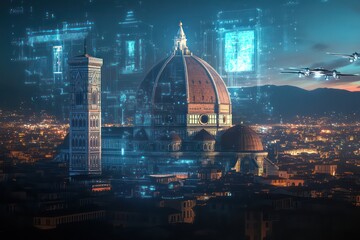 A grand view of the Florence Cathedral (Duomo) in the heart of a futuristic cityscape, where Renaissance architecture meets advanced digital skyscrapers. The cathedral retains its classical dome