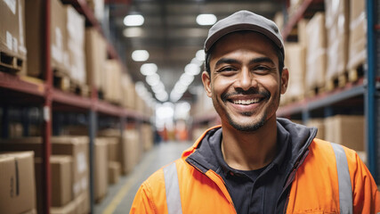 Happy warehouse worker wearing safety gear checking inventory