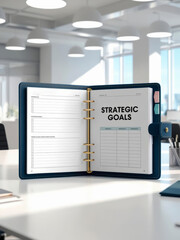 Strategic goals planner in modern office setting, promoting productivity