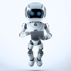 AI robot using tablet while standing facing camera floating or flying isolated white background