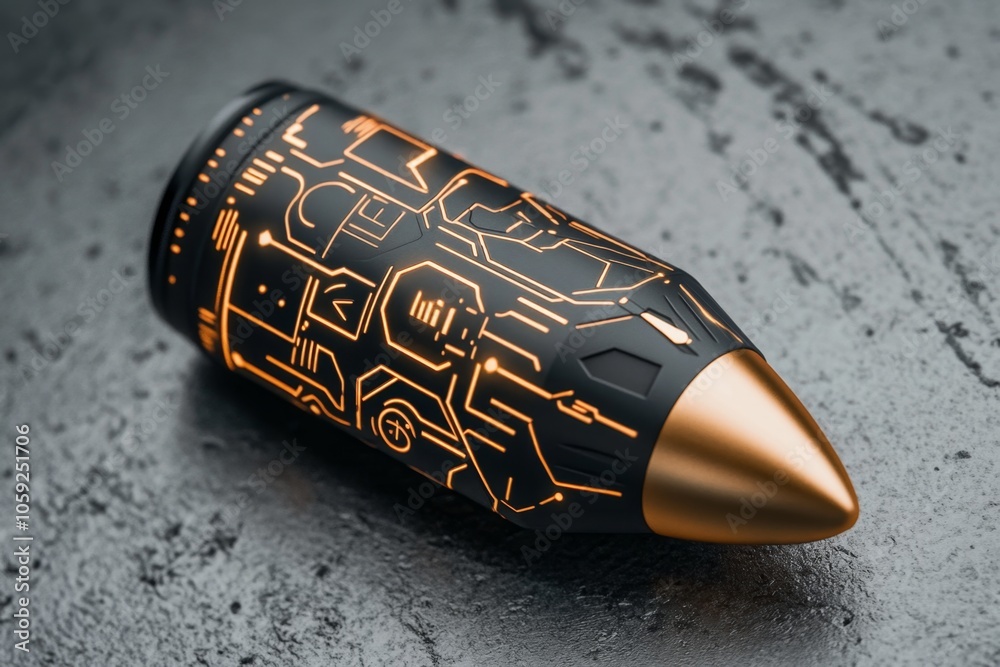 Poster futuristic bullet design with neon accents and metallic casing, capturing the high-tech look of futu