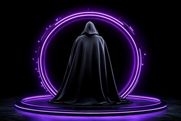 Futuristic assassin with a digital cloak blending into a neon-lit background, capturing the sleek, tech-driven aura of a cyberpunk setting, symbolizing mystery and style