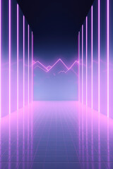 Fototapeta premium A neon corridor frames distant mountains, offering a futuristic view that evokes mystery and anticipation.