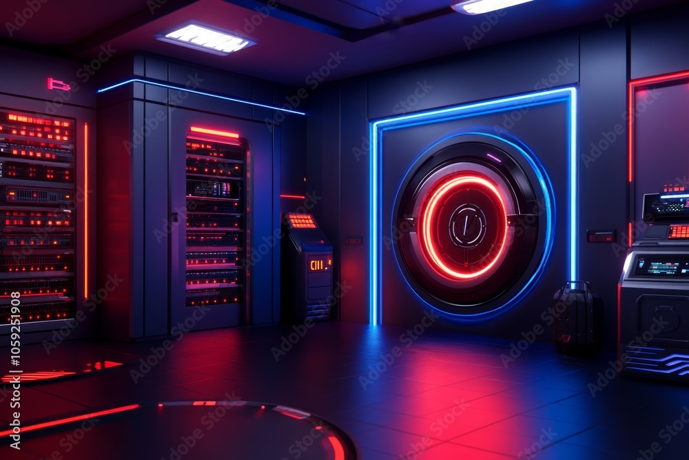 Aufkleber Futuristic server room with neon colors and structured, digital layers, symbolizing the high-tech organization of data warehousing in a cyberpunk world, symbolizing structure and tech