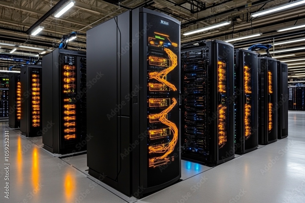 Poster high-tech, neon-lit server room with digital data layers and holographic displays, symbolizing the s