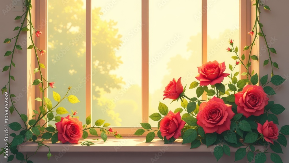 Poster a window with a view of a tree and a bunch of red roses