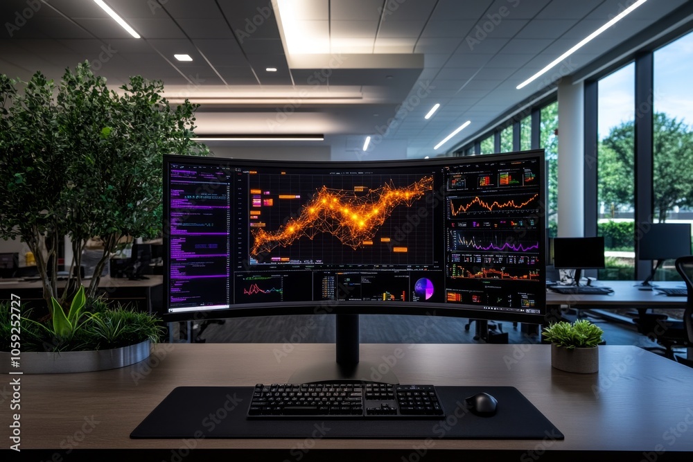Poster Large wall-mounted screen with layered graphs and real-time data streams, capturing the high-stakes, analytical world of data mining, symbolizing scale and precision