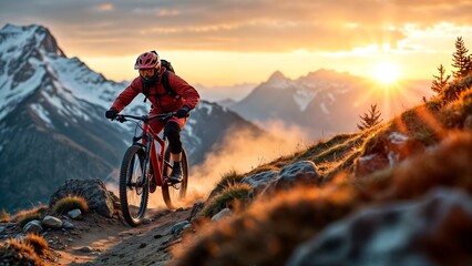 Fototapeta premium Mountain Biker on Rugged Trail at Sunset with Stunning Snow-Capped Peaks