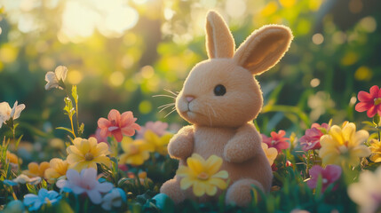 Fototapeta premium Cute Easter bunny toy sitting among colorful flowers in a sunny garden