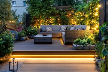 Modern Patio Design with Sectional Sofa  String Lights  and LED Lighting