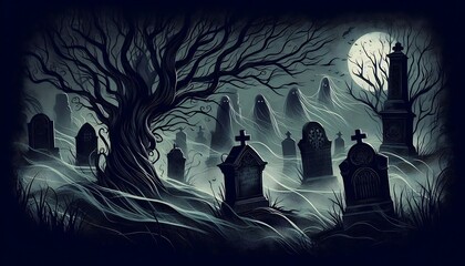 Eerie Graveyard at Night