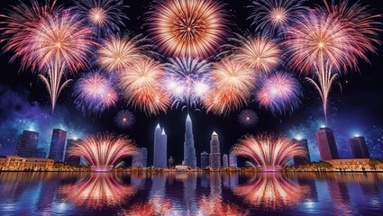 Magnificent fireworks illuminate the city skyline, with tall skyscrapers reflected in the water, creating a grand celebration atmosphere.