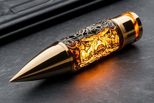 Ornate, magical bullet with an illuminated core and unique engravings, capturing the fusion of weaponry and magic in a fantasy setting, symbolizing mystique and creativity
