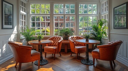 Fototapeta premium A cozy seating area with leather chairs, wooden tables, and large windows offering a view of a green outdoor area.