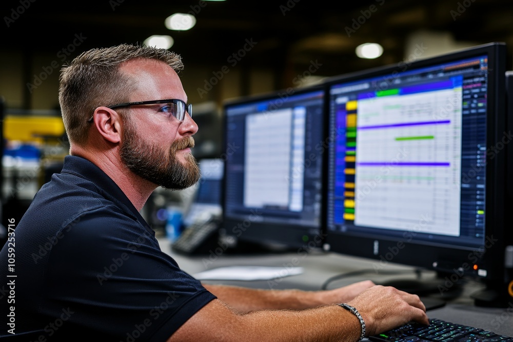 Poster Person in a clean, organized workspace, analyzing spreadsheets and data with a focused expression, capturing the careful and precise work behind data quality, symbolizing diligence and clarity