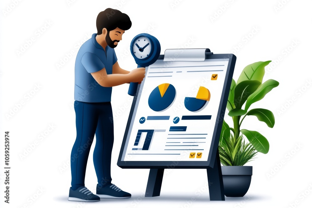 Poster person reviewing a data quality report with checkmarks and organized charts, capturing the satisfact