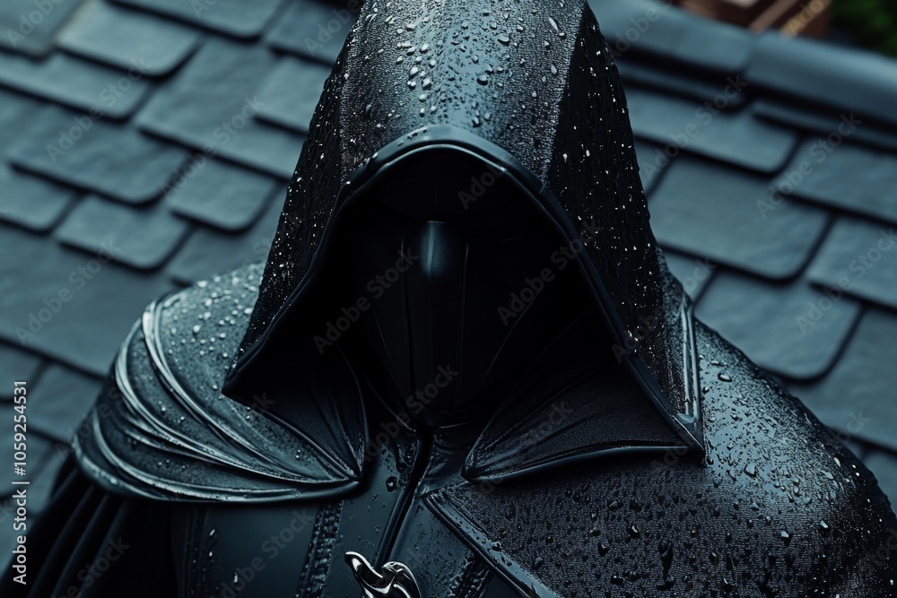 Poster silhouette of a hooded figure on a rooftop, with simple, clean lines capturing the stealth and focus