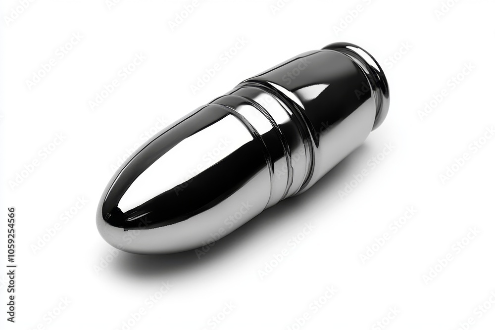 Poster simple 2d drawing of a bullet lying on its side with minimalist design on white, capturing the iconi
