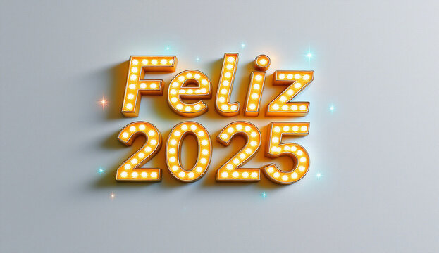 A palavra "FELIZ 2025" &eacute; apresentada em letras iluminadas com luzes brilhantes, criando uma atmosfera festiva e alegre, perfeita para a celebra&ccedil;&atilde;o do Ano Novo.

