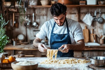 A chef in a blue apron, demonstrating how to make pasta from scratch in a cozy, rustic kitchen 1