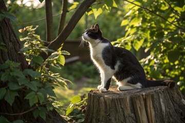 Obraz premium Black and White Cat on Tree Stump in Nature - HDR Photography