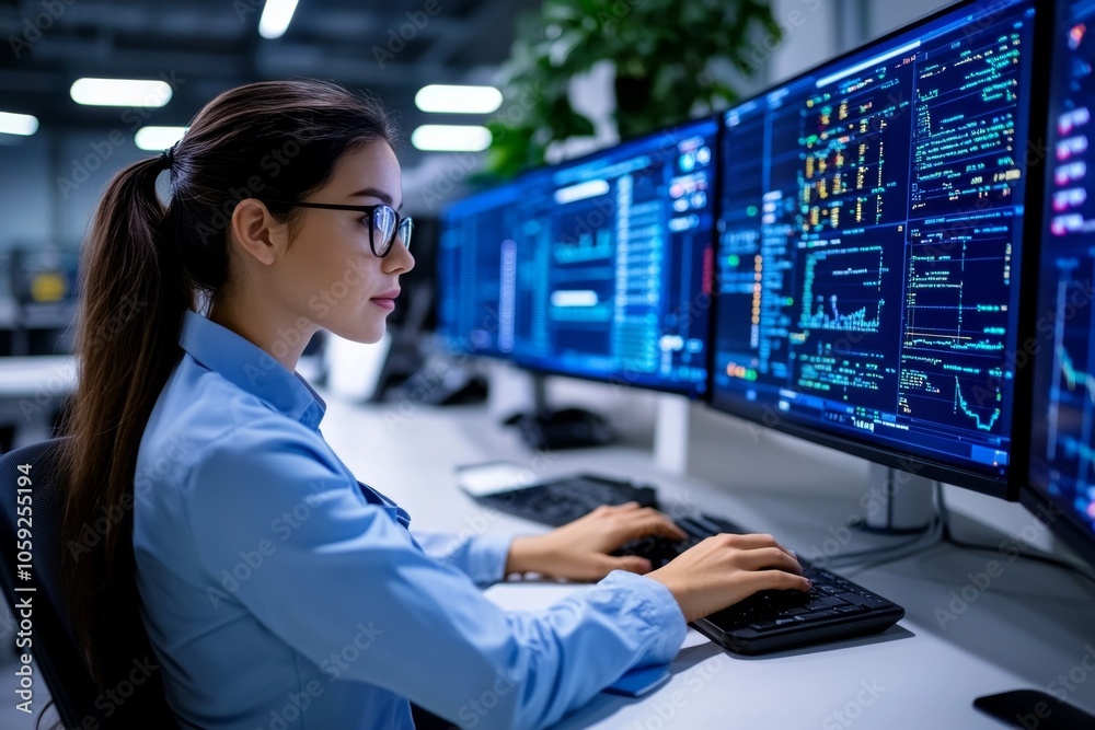 Poster Team of analysts working in a modern office with large monitors displaying data graphs and connections, capturing the collaborative nature of data mining, symbolizing teamwork and insight