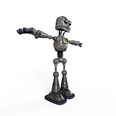 rusty cartoon robot in white background on side view