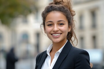 Fototapeta premium A young Algerian woman with a confident smile, wearing a business suit, standing in an urban setting, overcast day 1