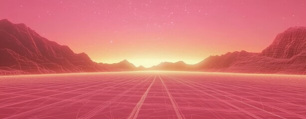 Sunset views of a futuristic city skyline, framed by warm pink and purple hues.