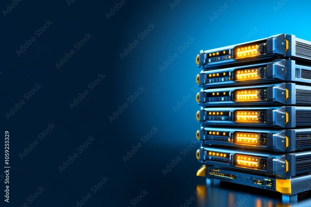 Poster Technicians in a brightly lit server room filled with neatly arranged server racks, capturing the clean and structured environment of a data warehouse, symbolizing organization and capacity